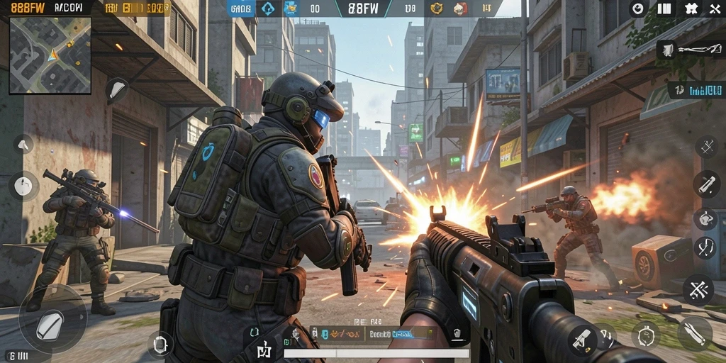 Tampilan gameplay intens di 888FW dengan aksi FPS yang menegangkan