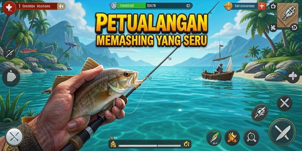Screenshot ID678 menunjukkan pemain yang sedang memancing dengan latar belakang alam yang indah.