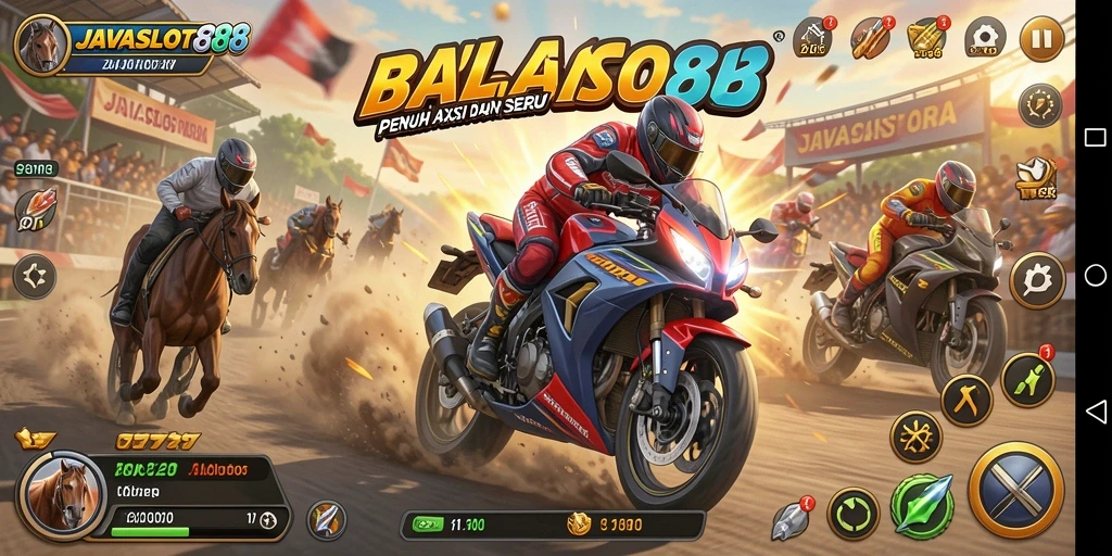 Screenshot gameplay JAVASLOT88 menunjukkan aksi balapan motor yang mendebarkan.