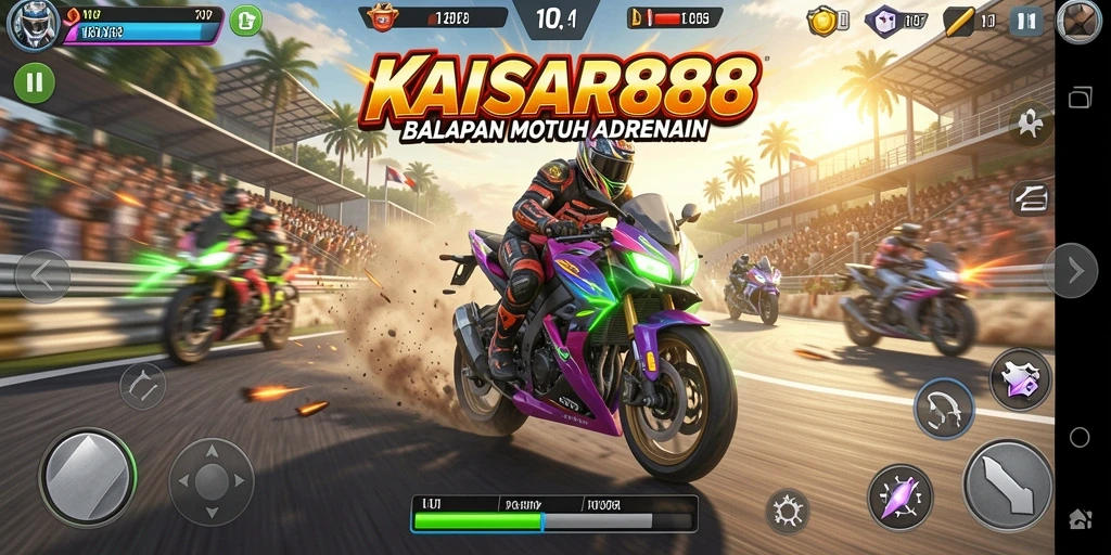 Tampilan gameplay seru dalam KAISAR888 saat balapan motor.