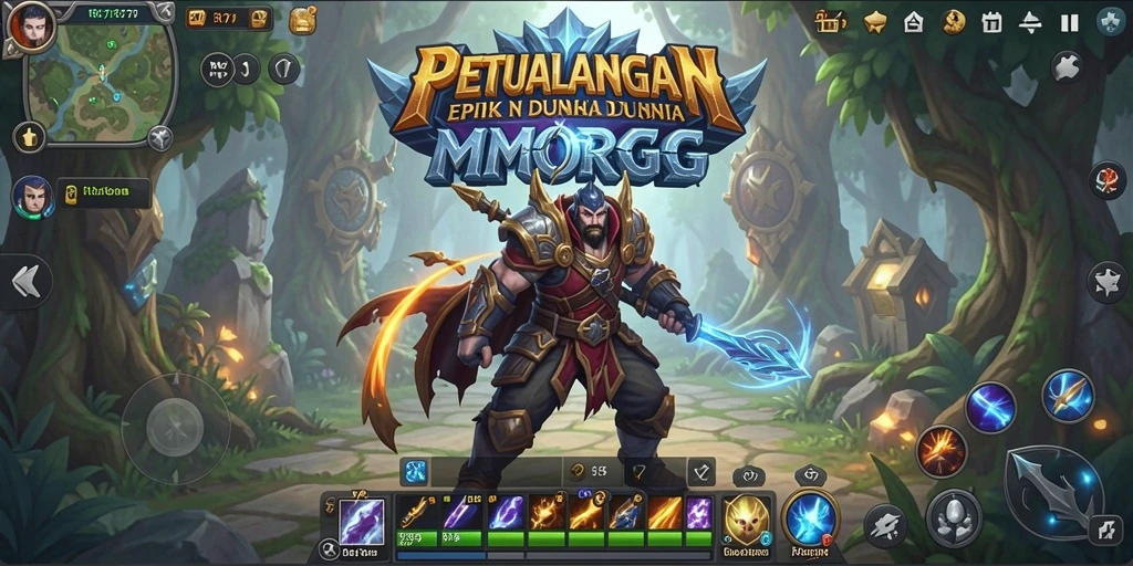 Screenshot gameplay menampilkan pertarungan epik dan eksplorasi dunia RPG.