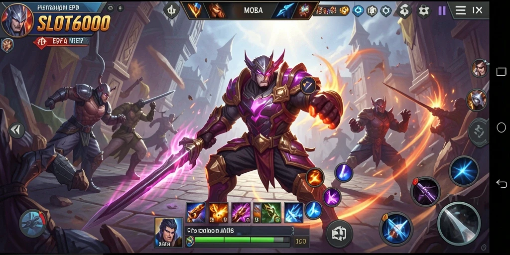 Tangkapan layar menunjukkan aksi intens dalam game MOBA SLOT6000.