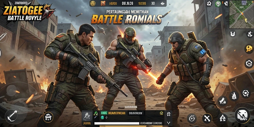 Screenshot gameplay ZIATOGEL menampilkan aksi seru di medan perang.
